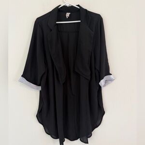 Classic Black Draped Open-Front Tunic with Contrast Cuffs